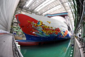 General view of the cruise liner Global Dream at the Wismar location of the MV Werften shipyards
