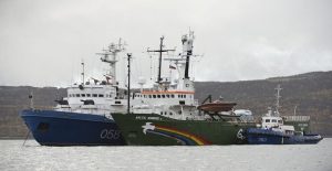 Greenpeace ship "Arctic Sunrise" is seen anchored outside the Arctic port city of Murmansk