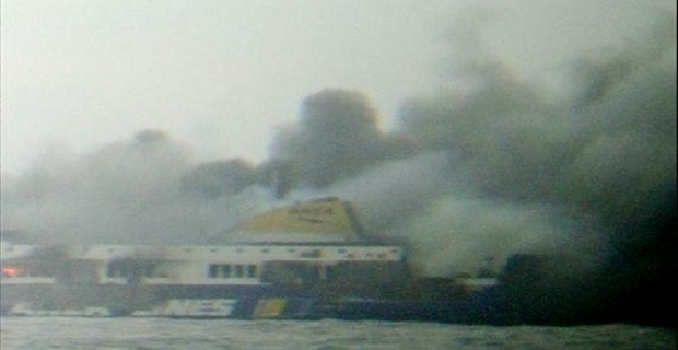 The car ferry Norman Atlantic burns in waters off Greece in this still image from video