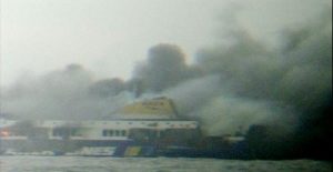 The car ferry Norman Atlantic burns in waters off Greece in this still image from video