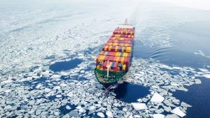 Container ship in the sea at winter time