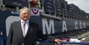 FILE PHOTO -  Jacques Saade, Chairman of CMA-CGM shipping company, poses for the photographers during the baptism ceremony of the Cristophe Colomb container cargo ship in the harbour of Le Havre, northwestern France