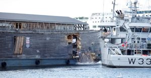 A full-size replica of the Ark of Noah is seen after it crashed into a moored coast guard vessel in Oslo harbour