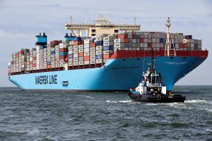 The MV Maersk Mc-Kinney Moller, the world's biggest container ship, arrives at the harbour of Rotterdam