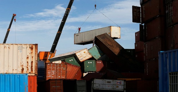 Shipping containers toppled by strong winds of typhoon Meranti, are pictured in Kaohsiung