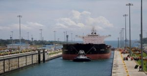 The first trial run with a Post-Panamax cargo ship in the new sets of locks on the Atlantic side of the Panama Canal
