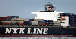 The NYK Antares container ship of Nippon Yusen (NYK Line) sails across Tokyo Bay in Tokyo