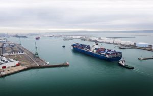 aerial view of containers ship arriving in Havre port