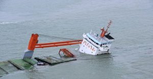 Dutch freighter Flinterstar is seen sinking after colliding with Marshall Island-flagged tanker Al-Oraiq in the North Sea off the Belgian coast