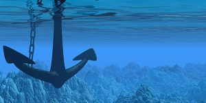 Underwater scene with anchor, chain and seabed