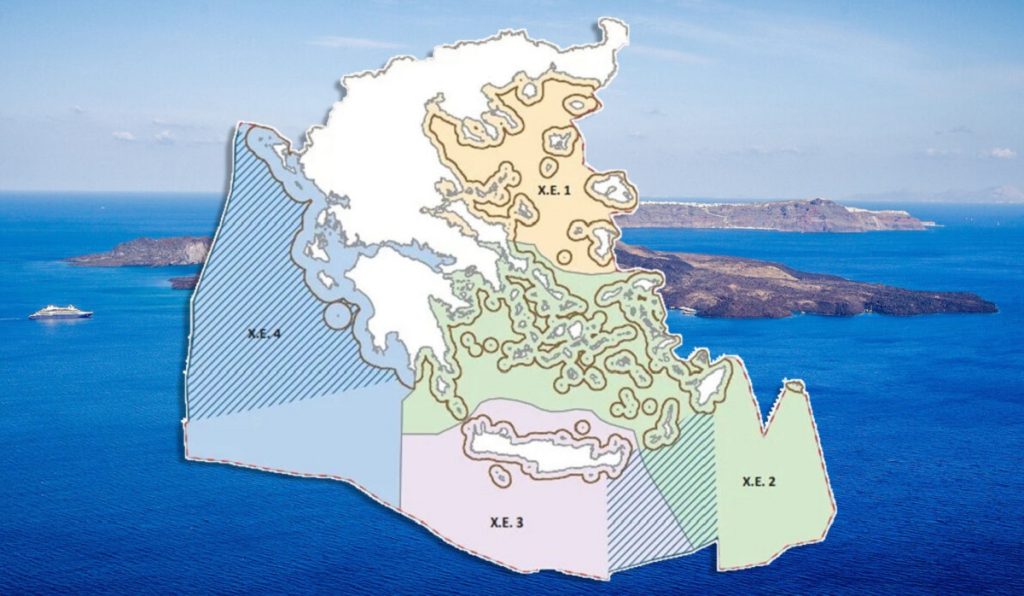 Χάρτης του Θαλάσσιου Χωροταξικού Σχεδιασμού της Ελλάδας με φόντο το Αιγαίο – απεικόνιση των θαλάσσιων ζωνών και περιοχών δραστηριοτήτων