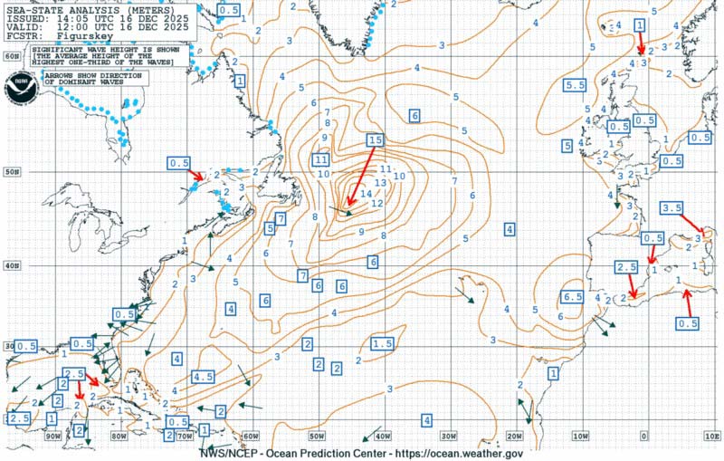 Οι θυελλώδεις άνεμοι μεταξύ 45 και 60 κόμβων επηρεάζουν μια ευρύτερη περιοχή από 43°N έως 53°N, ανατολικά των 50°W, με τη θάλασσα να φτάνει τα 12 μέτρα