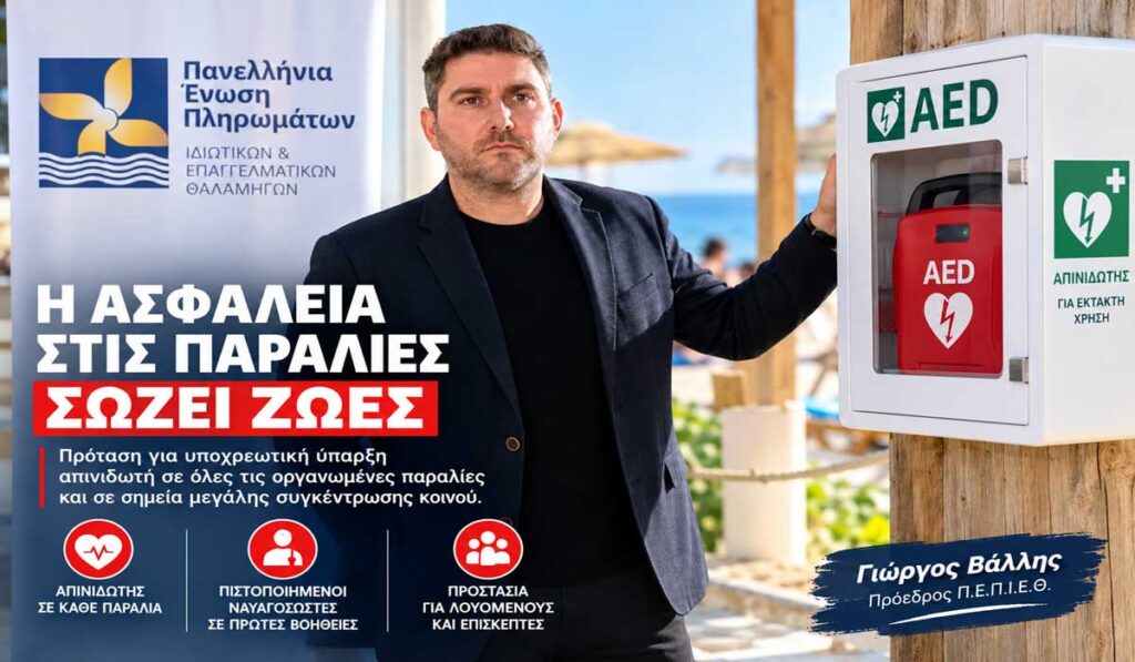 Π.Ε.Π.Ι.Ε.Θ.: Πρόταση για υποχρεωτικούς απινιδωτές σε παραλίες και σκάφη αναψυχής