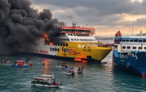 Φωτιά σε επιβατηγό πλοίο στην Ινδονησία: Δραματικές εικόνες από τη διάσωση εκατοντάδων επιβατών